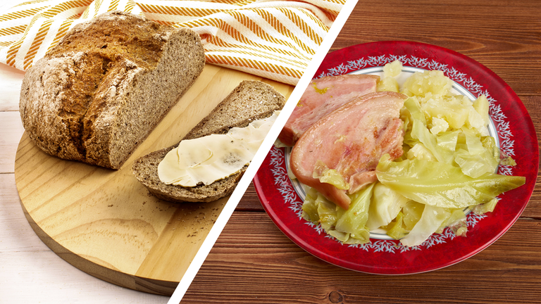 Collage: Links ein dunkles Brot, rechts ein Teller mit Speck und Kohl