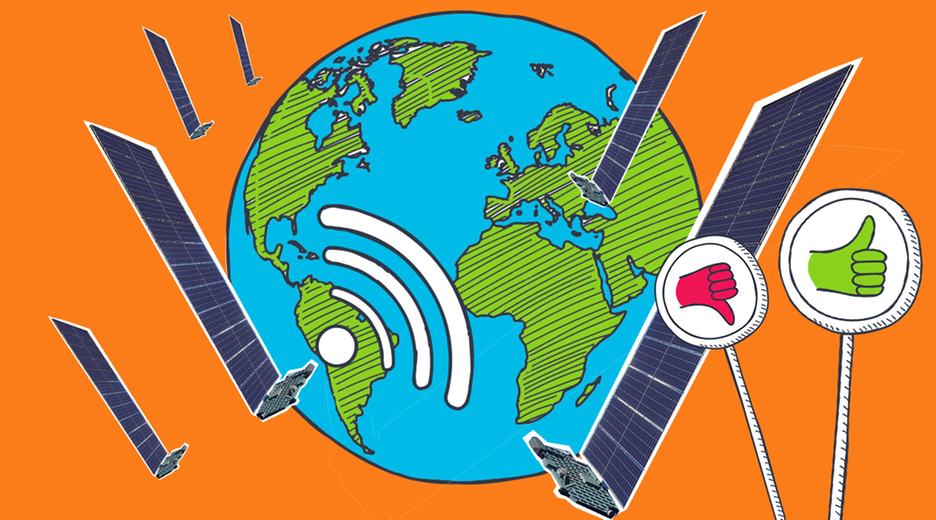 Satelliten, die um den Globus kreisen mit WLAN-Zeichen und Daumen hoch und Daumen runter