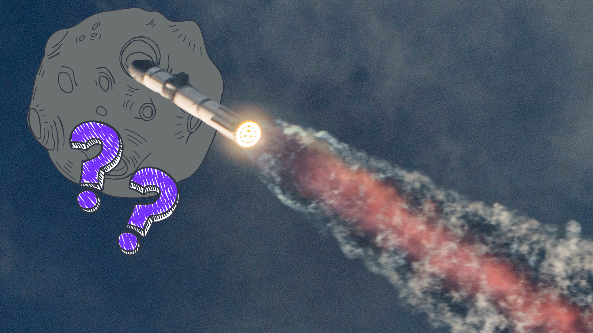 Starship-Raketenstart mit grafischen Mond und Fragezeichen