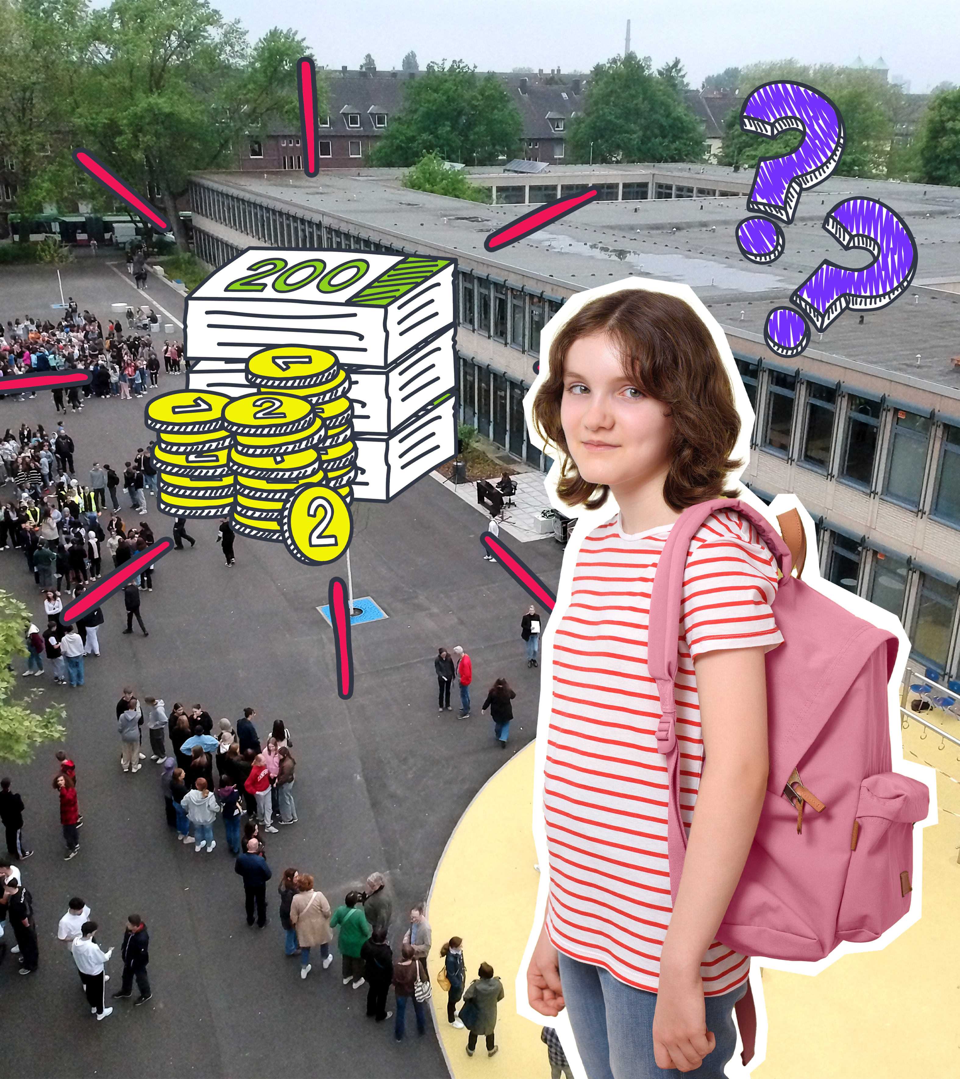 Ein Schulhof, ein Mädchen und Grafiken mit Geld, Strahlen und Fragezeichen