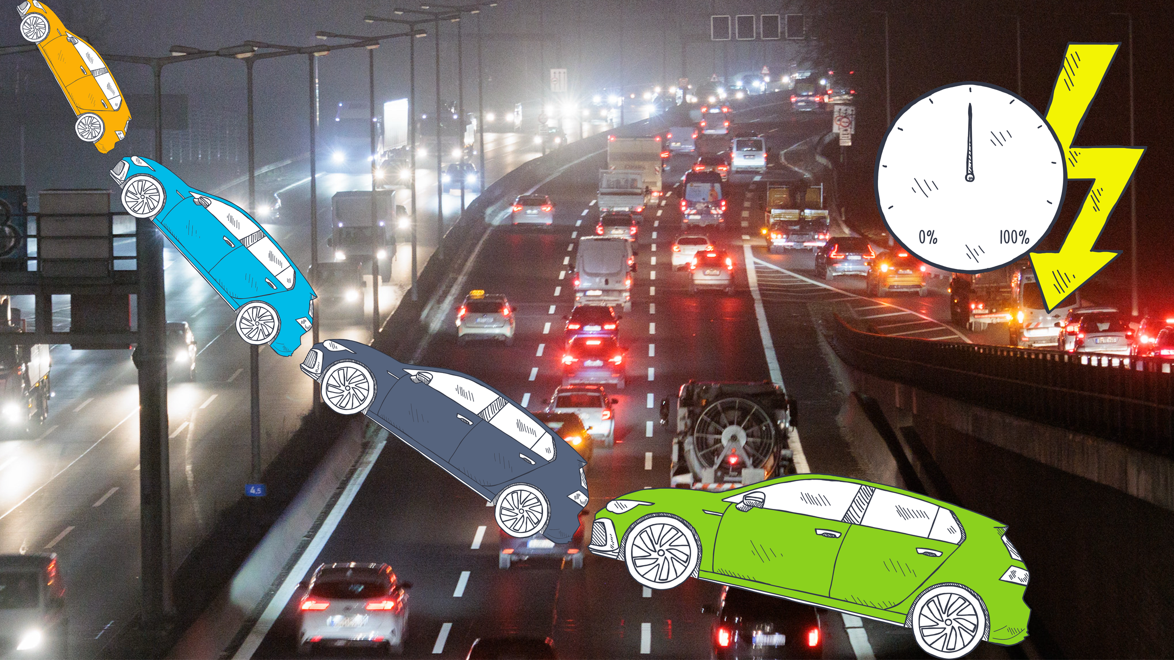 Volle Autobahn, dacor grafische Autos im Stau, Uhr mit Blitz-Ausrufezeichen