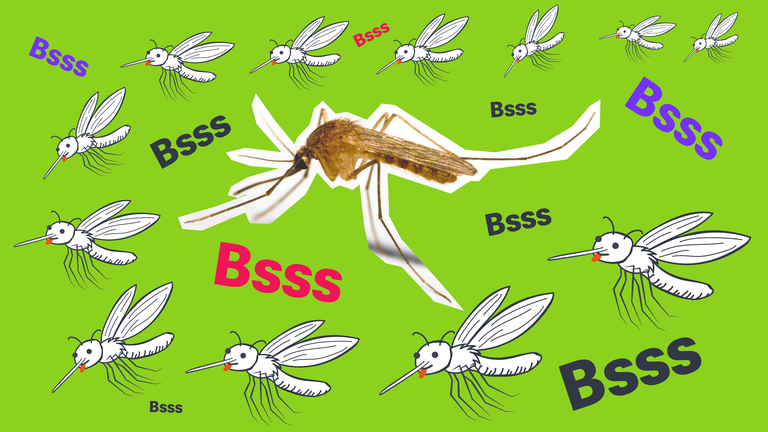 Viele Stechmücken-Grafiken, eine Cutout-Stechmücke, mehrere "Bsss"-Schriftzüge