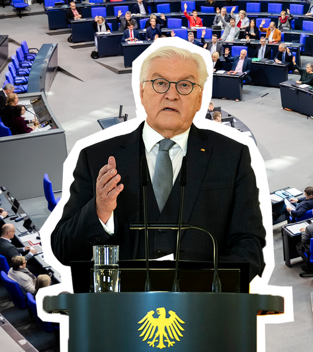 Steinmeier Foto auf Bundestag Foto, daneben Ausrufezeichen