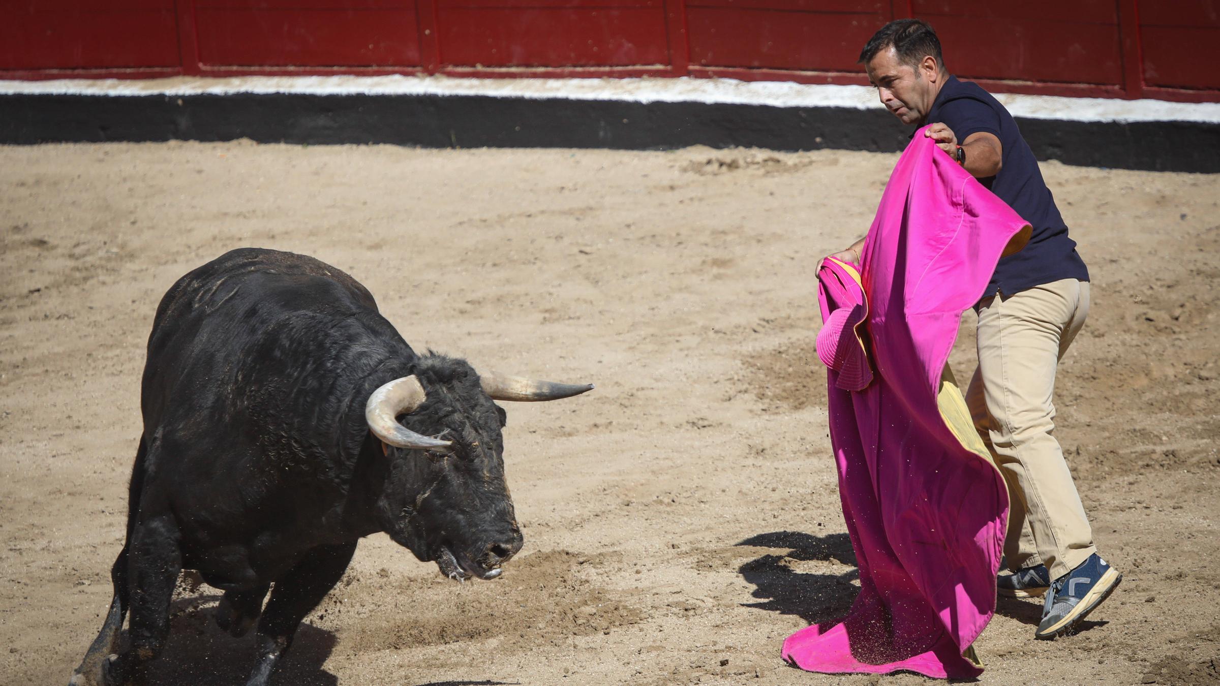 In einer Arena in spanien steht ein Torero und sticht einen Stier.