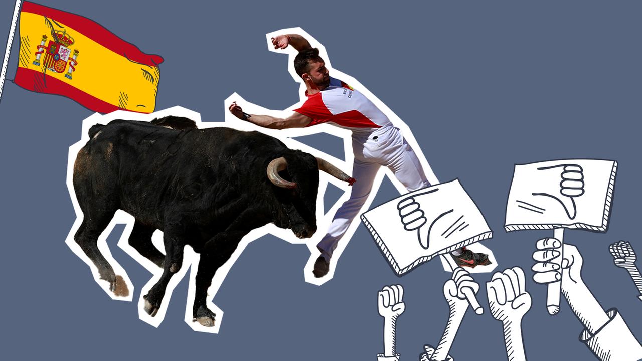 Stierkampf mit Flagge und Protesten