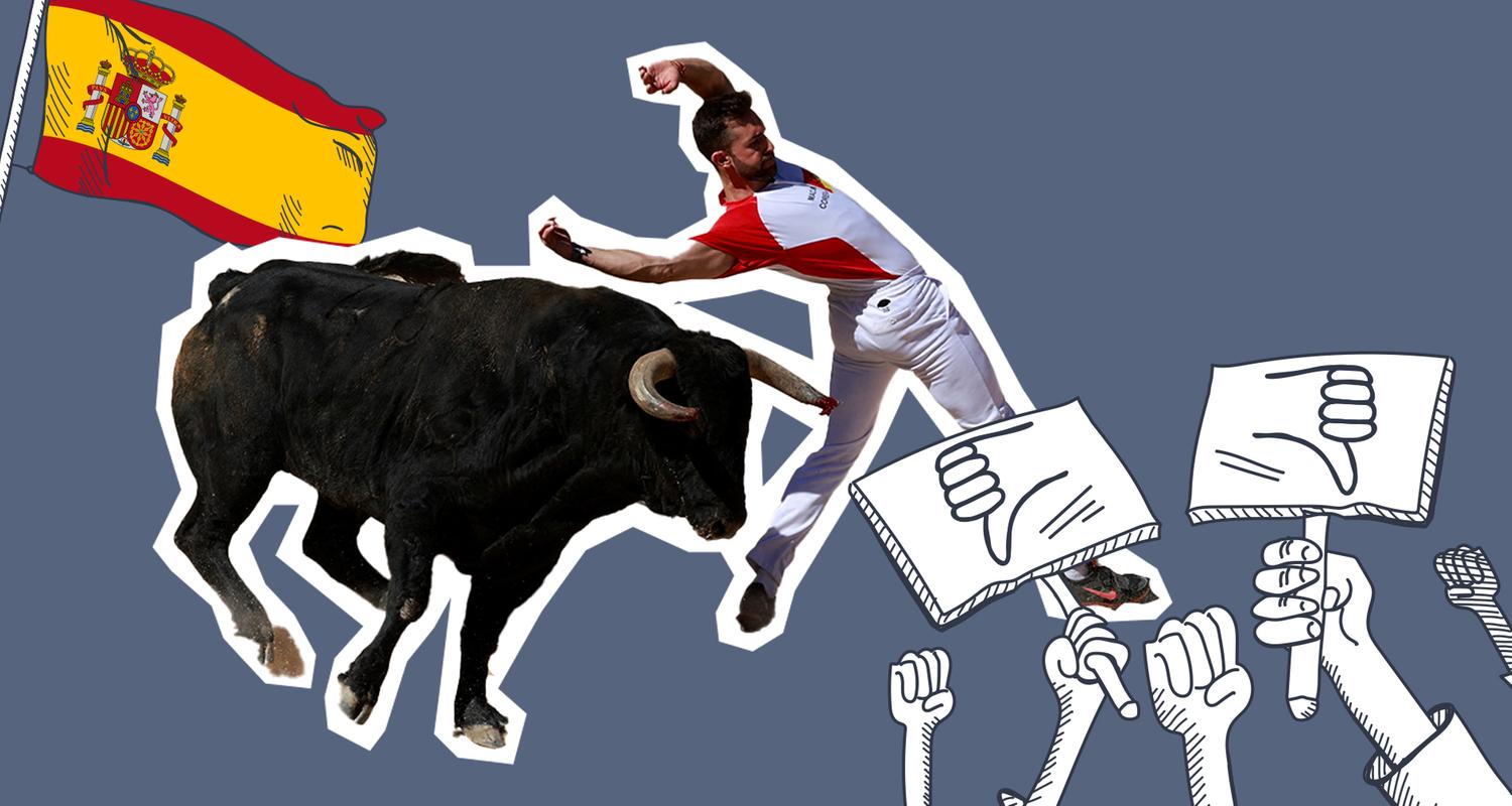 Stierkampf mit Flagge und Protesten