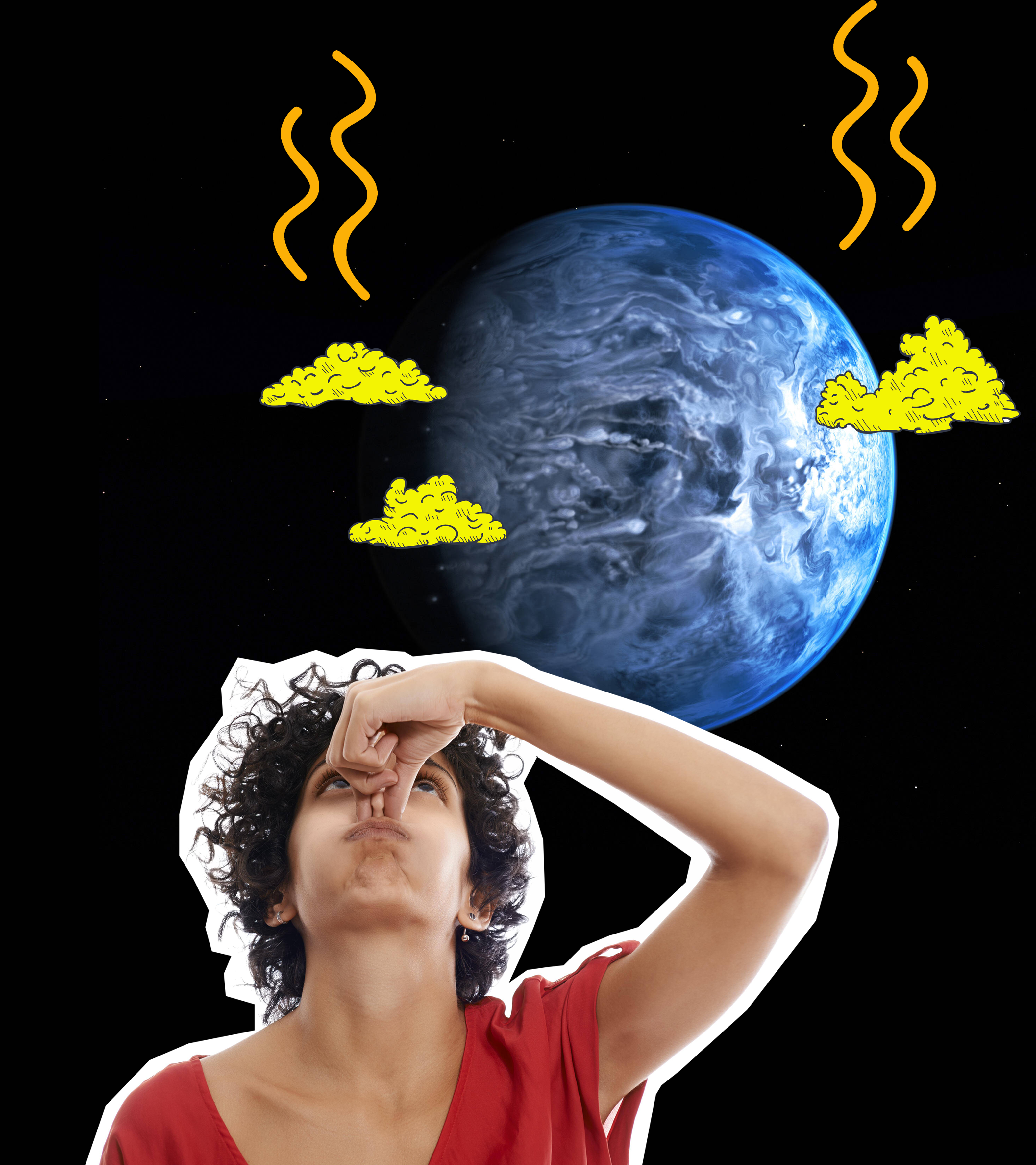 Eine junge Frau hält sich die Nase zu, Exoplanet HD 189733 b mit grafischen gelben und orangenen Stinkwolken.