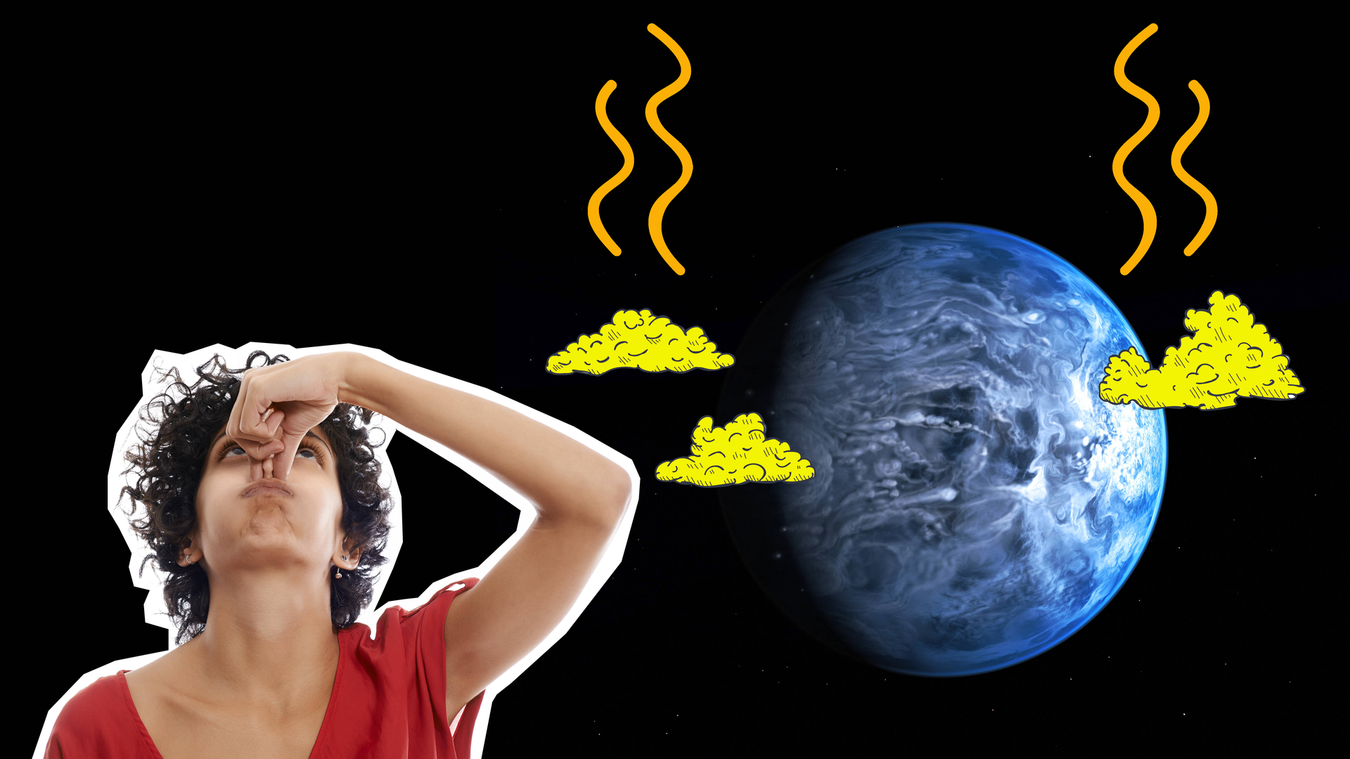 Eine junge Frau hält sich die Nase zu, Exoplanet HD 189733 b mit grafischen gelben und orangenen Stinkwolken.