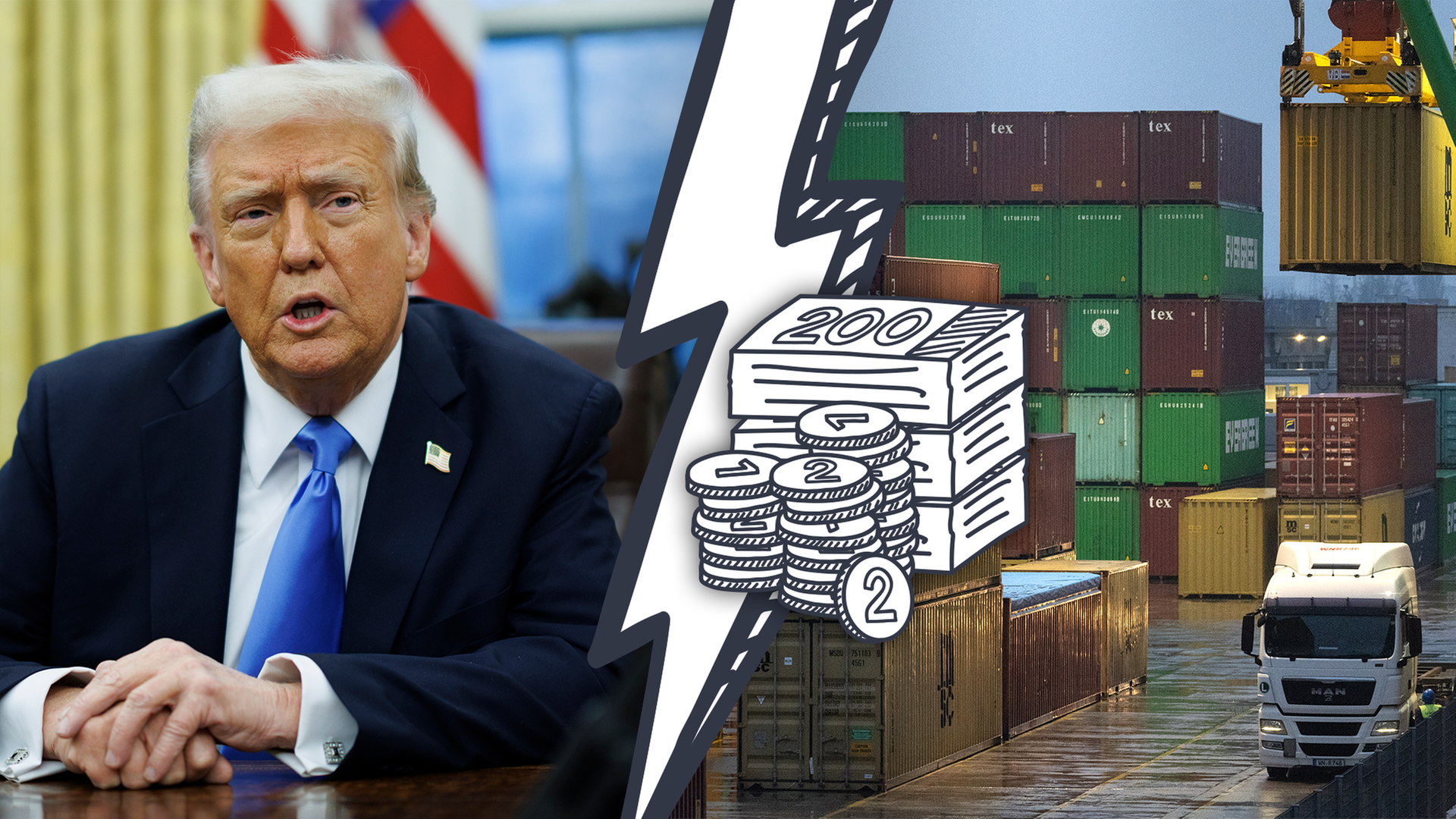 Bildmontage: Links Donald Trump, rechts ein Containerhafen. Dazwischen ein Blitz und ein Stapel Geld.