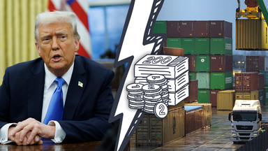 Bildmontage: Links Donald Trump, rechts ein Containerhafen. Dazwischen ein Blitz und ein Stapel Geld.