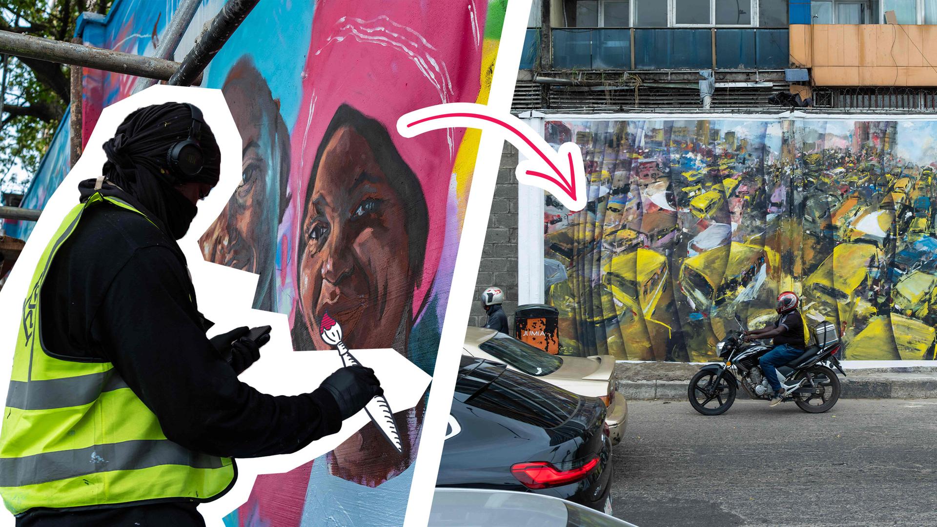 Ein Künstler malt ein buntes Bild, daneben sieht man ein fertiges Bild an einer Wand.