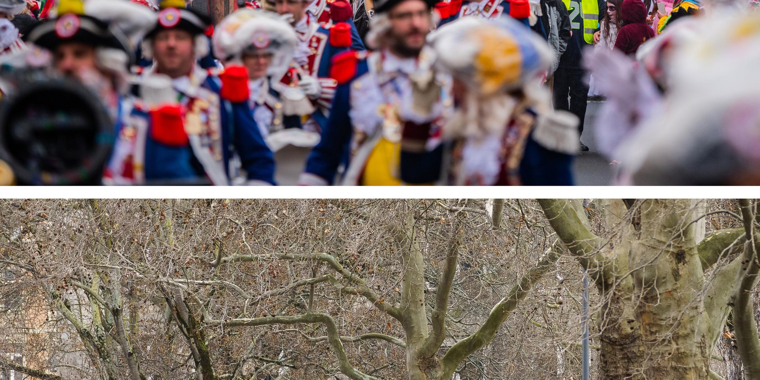 Ein Vergleich zwischen der Straßenfastnacht im Jahr 2020 und in diesem Jahr: Während im vergangenen Jahr die Straßen gesäumt von Menschen sind, ist es in diesem Jahr ganz leer.