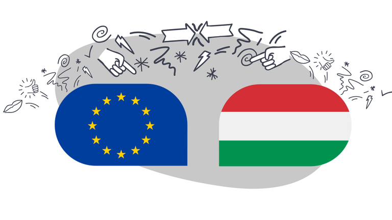 Grafik: EU-Flagge und Ungarn-Flagge stehen sich gegenüber, darüber Streitsymbole