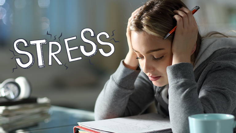 Ein Mädchen sitzt gestresst über einem Heft, daneben das Wort "Stress"