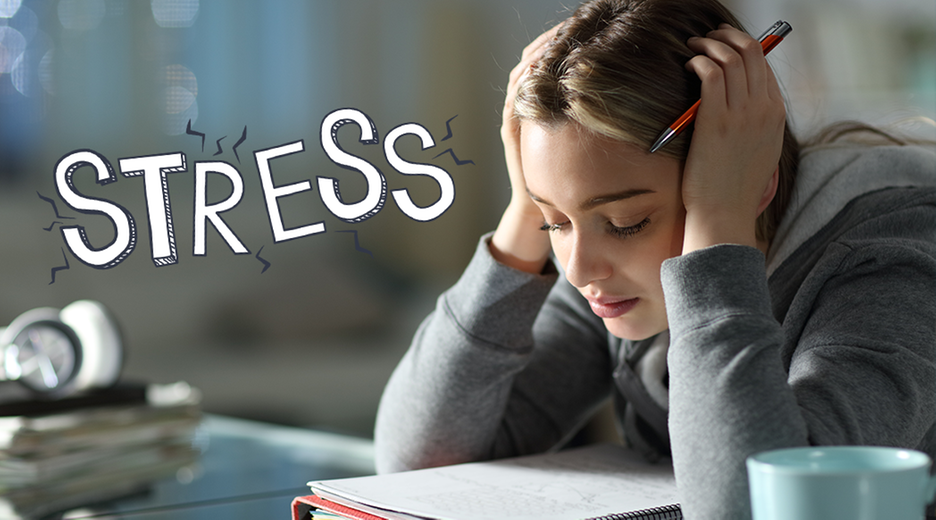 Ein Mädchen sitzt gestresst über einem Heft, daneben das Wort "Stress"