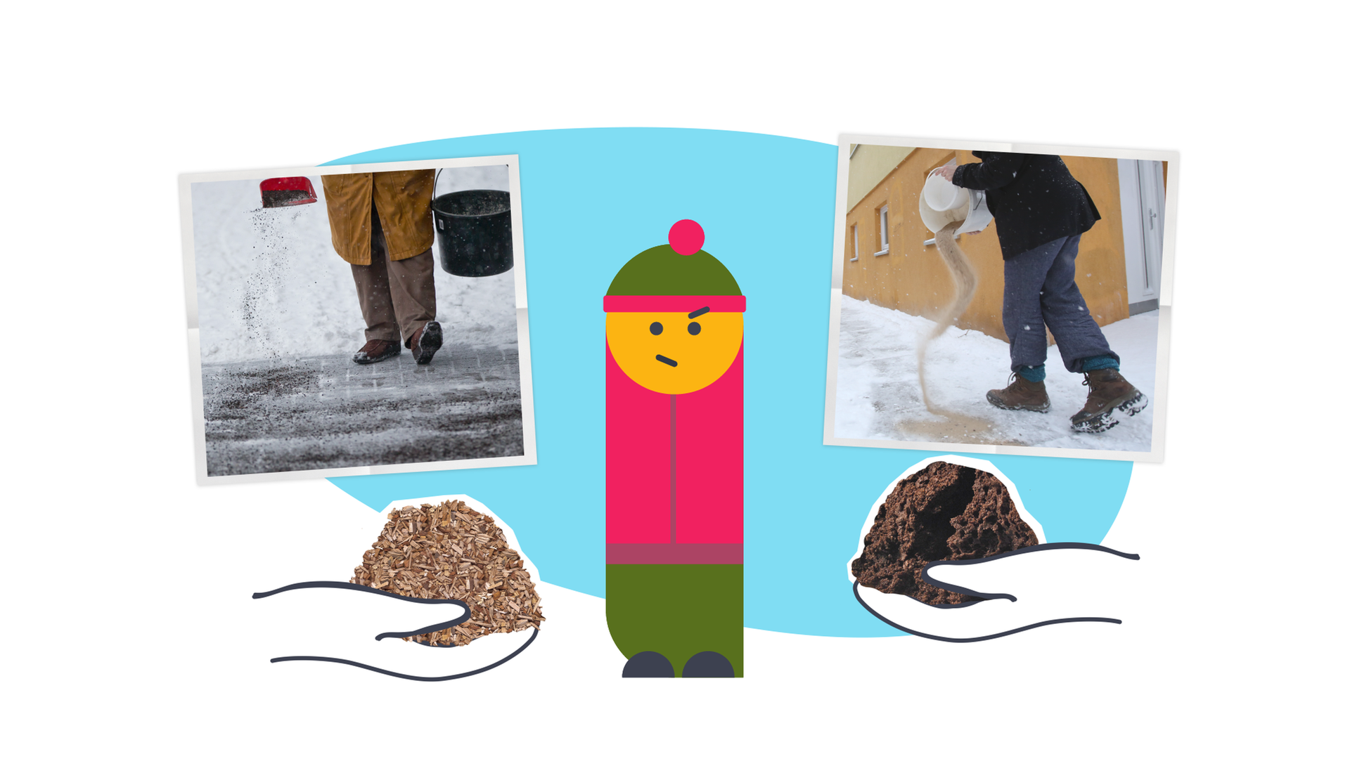 Eine Grafik zeigt einen Menschen mit fragendem Gesichtsausdruck und Mütze neben zwei Händen und zwei Fotos von Beinen, die laufen.