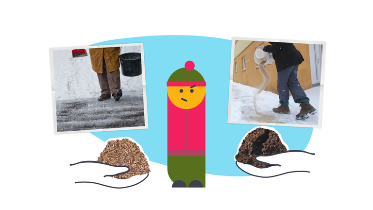 Eine Grafik zeigt einen Menschen mit fragendem Gesichtsausdruck und Mütze neben zwei Händen und zwei Fotos von Beinen, die laufen.