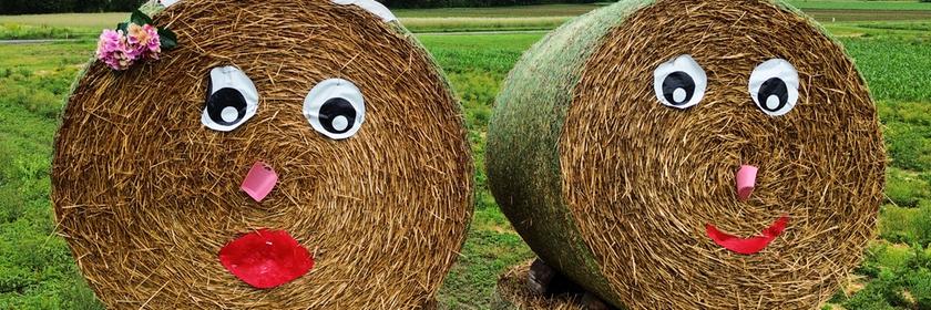Auf zwei Strohballen wurden Augen, Nase und Mund geklebt.
