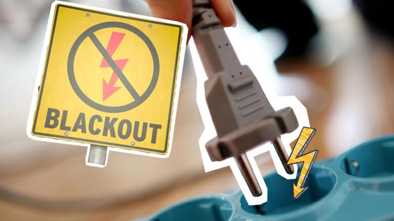 Stecker vor Steckdose, daneben gelber Blitz, Schild: Blackout