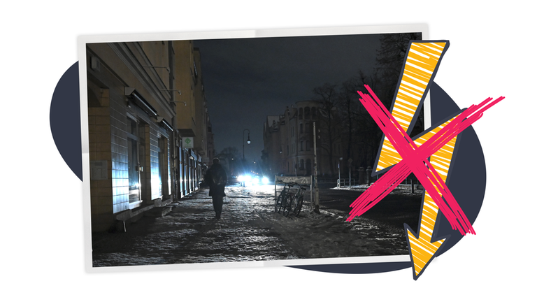 Ein Foto auf weißem Hintergrund zeigt einen Menschen der im Dunkeln auf dem Bürgersteig läuft, daneben ist ein durchgestrichener, gelber Blitz