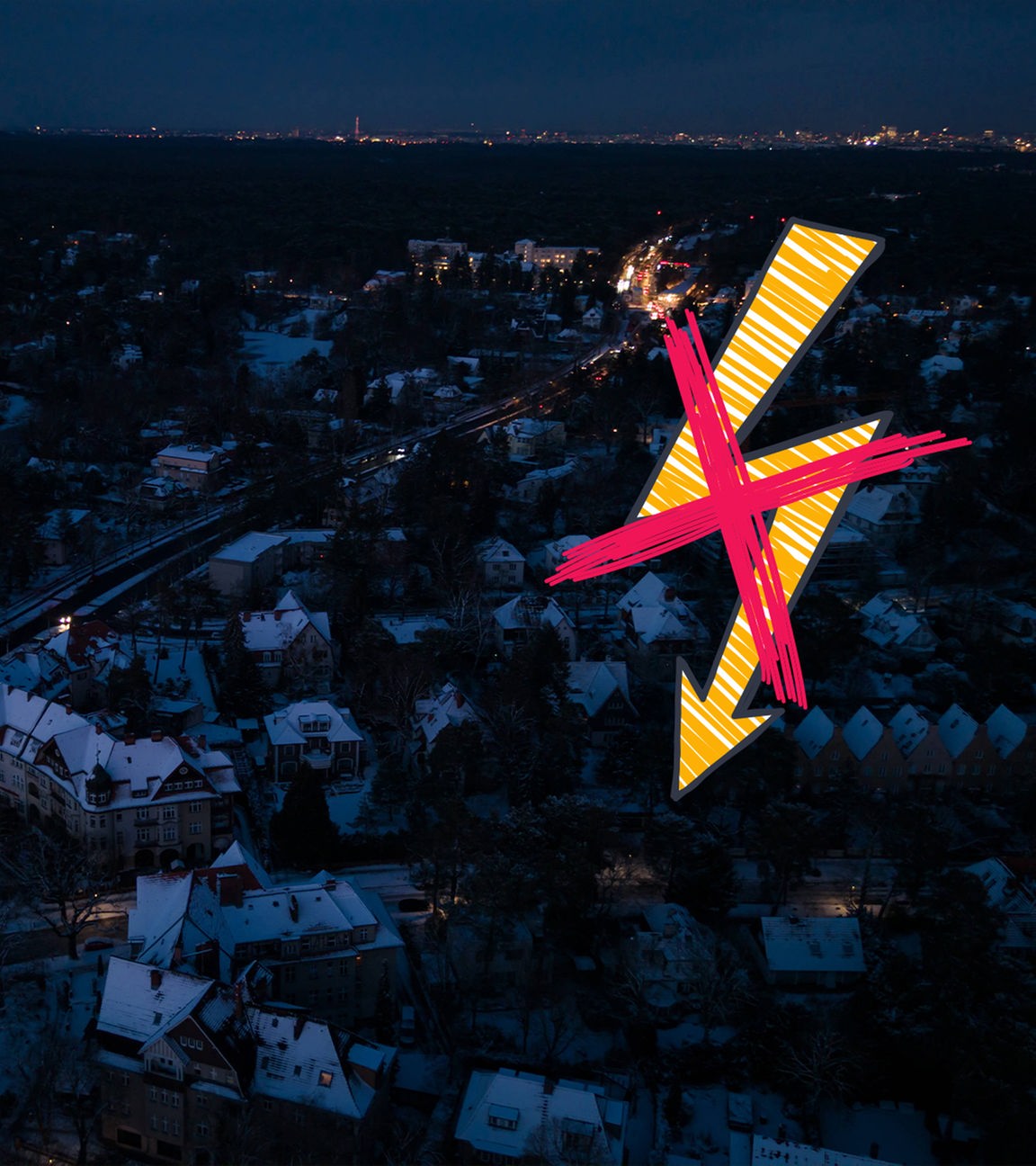 Eine dunkle Stadt von oben, darüber zwei Zeichnungen von einem gelben Blitz und einem roten Kreuz