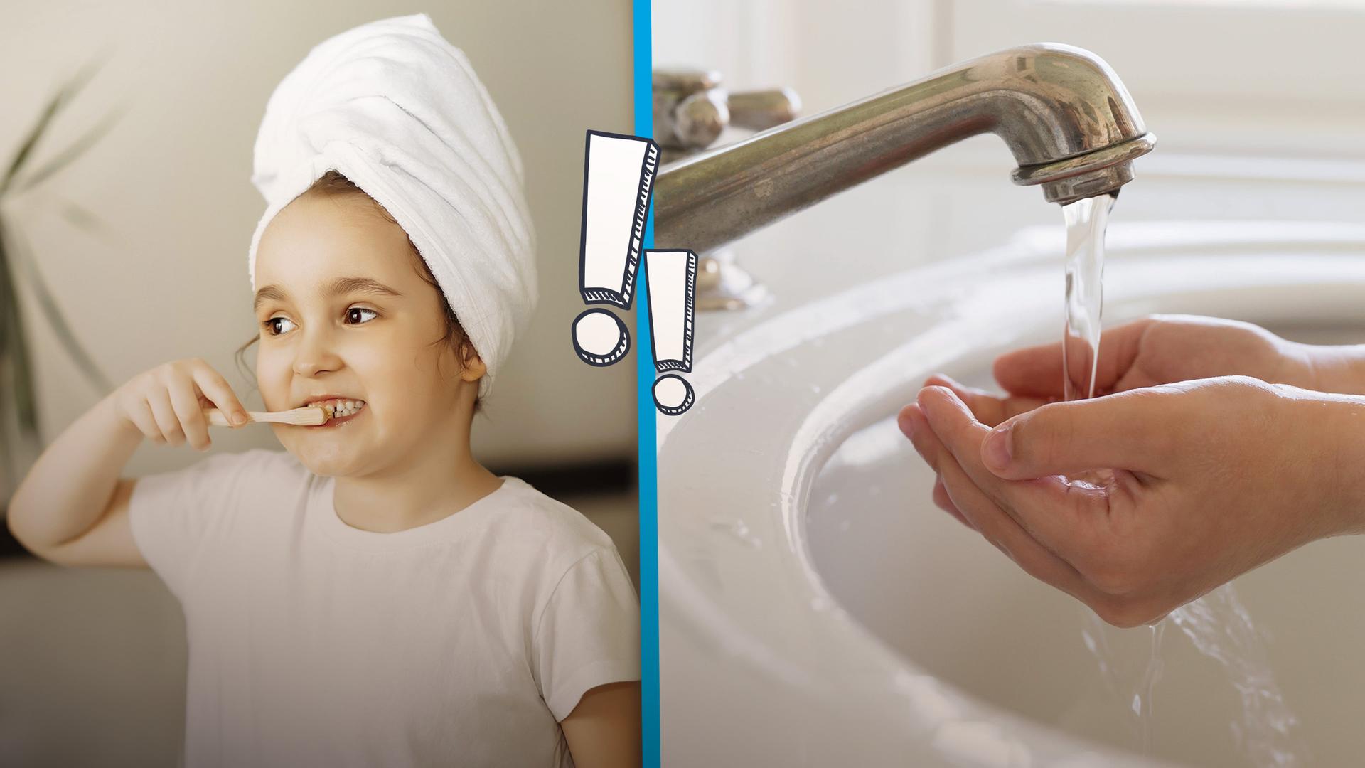 Kind putzt sich seine Zähne und Hände werden an einem Waschbecken gewaschen. 