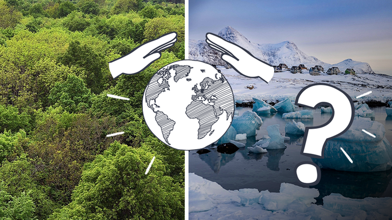 Links ein Bild vom grünen Wald, rechts das Meer mit Eisschollen. In der Mitte eine Grafik des Erdballs mit schützenden Händen darüber. Rechts unten befindet sich ein weißes, großes Fragezeichen.