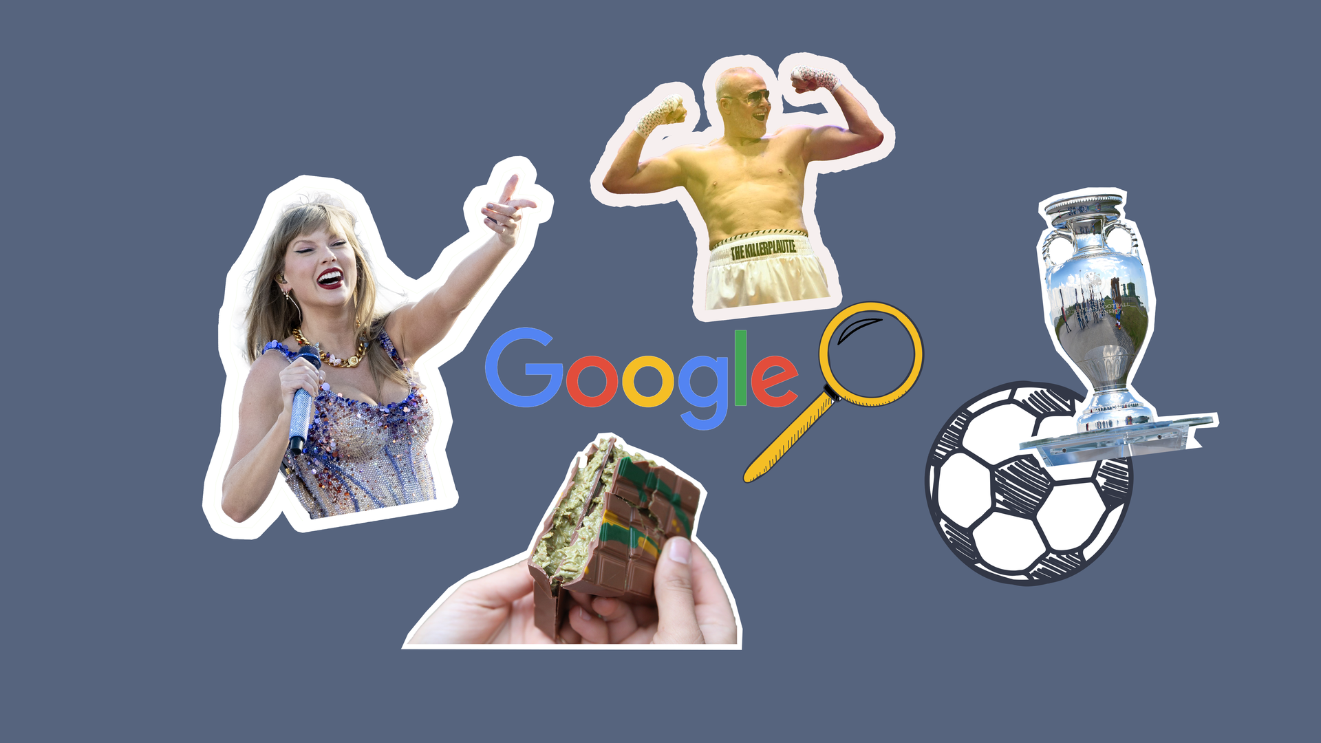 Taylor Swift, Stefan Raab, Dubai-Schokolade, Google-Logo, Lupe, Fußball und EU-Pokal