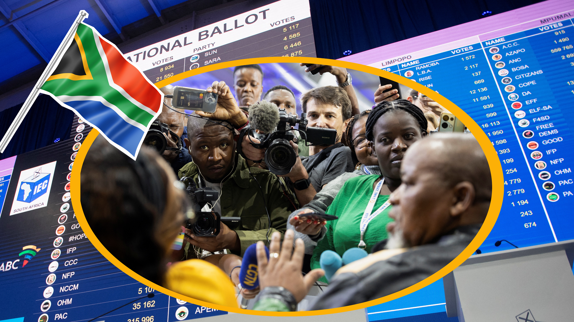 Südafrika Wahlergebnisse und Foto von Pressekonferenz und süafrikanischer Flagge