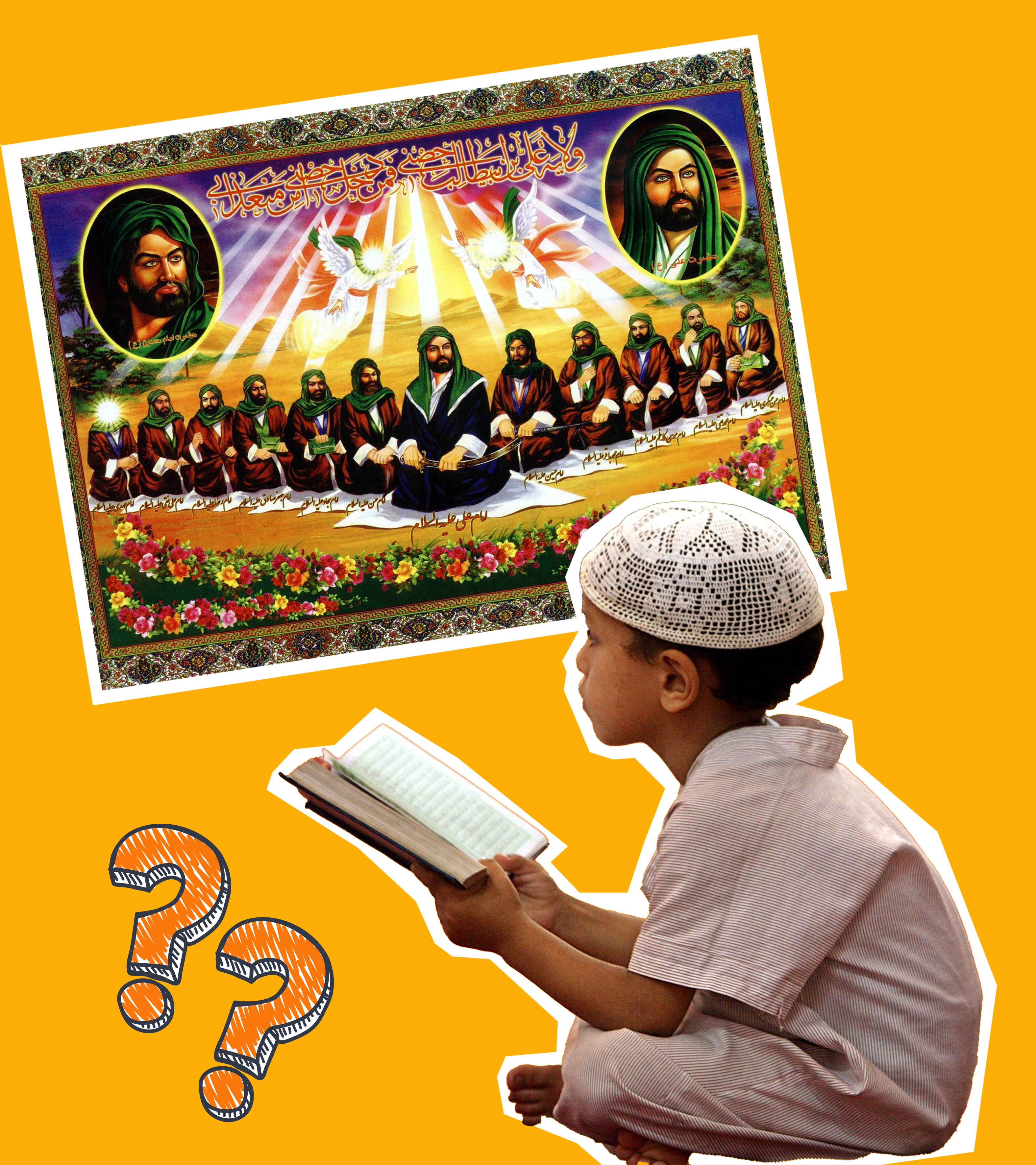 Bild von den zwölf Imamen, Fragezeichen und ein kleiner Junge, der im Koran liest.