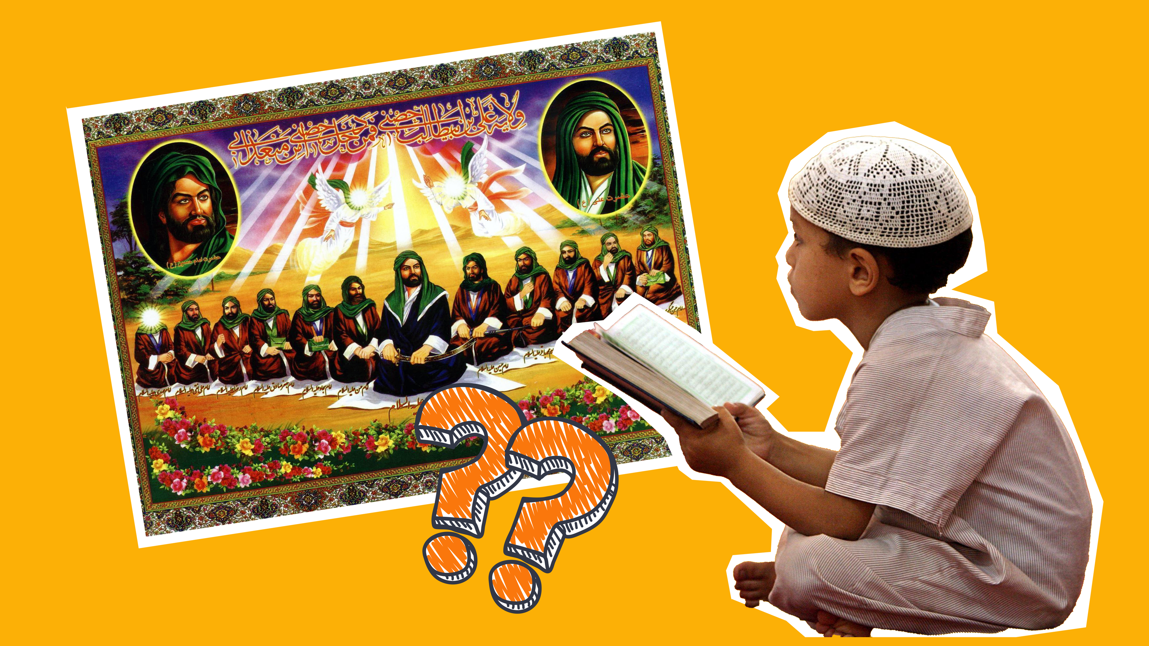 Bild von den zwölf Imamen, Fragezeichen und ein kleiner Junge, der im Koran liest.