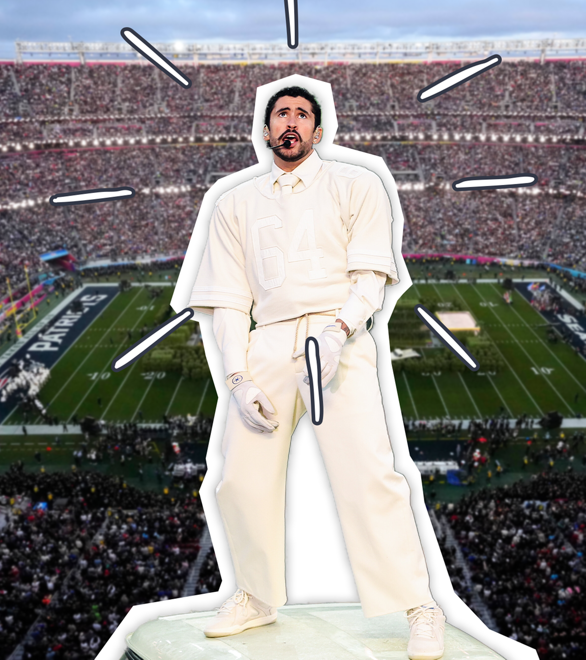 Stadion beim SuperBowl 2026, vorne große der Rapper Bad Bunny beim Halftime-Show-Auftritt