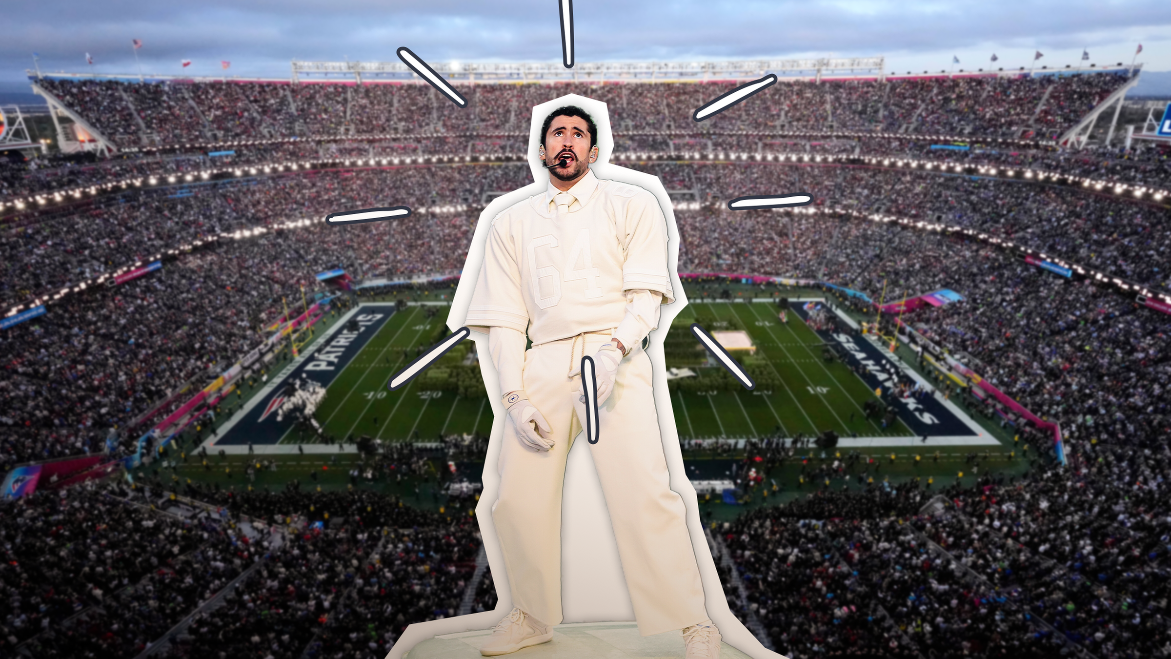 Stadion beim SuperBowl 2026, vorne große der Rapper Bad Bunny beim Halftime-Show-Auftritt