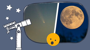 Ein Teleskop zeigt in Richtung eines Fotos des Kometen und des Supermondes.