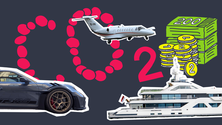 Yacht, Privatjet und Luxusauto, viel Geld und CO2