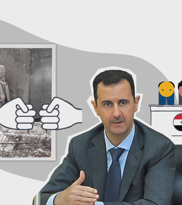 Assad-Foto, daneben Rebellen-Foto, dazwischen zwei grafische Fäuste, die gegeneinander gerichtet sind