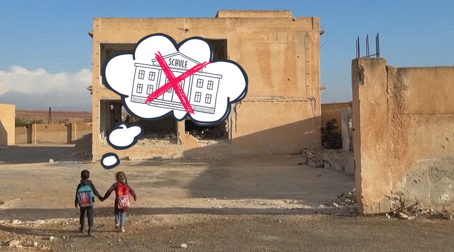 Zwei Kinder laufen Hand in Hand auf ein zerstörtes Gebäude zu. Über ihnen ist eine grafische Gedankenblase mit einer durchgestrichenen Schule zu sehen. 