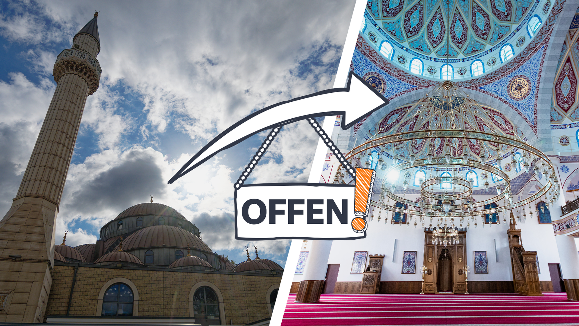 Links eine Moschee von außen, rechts eine Moschee von innen, darüber ein Schild auf dem "offen" steht und ein Pfeil mit orangenem Ausrufezeichen
