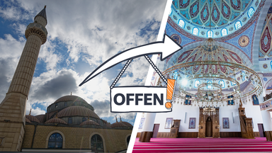 Links eine Moschee von außen, rechts eine Moschee von innen, darüber ein Schild auf dem "offen" steht und ein Pfeil mit orangenem Ausrufezeichen
