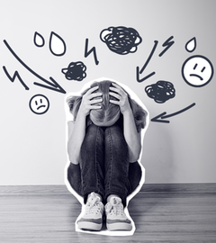 Ein Kind sitzt auf dem Boden und stützt seinen Kopf auf den Knien ab. Über ihr ein Symbol für Chaos und Trauer. 