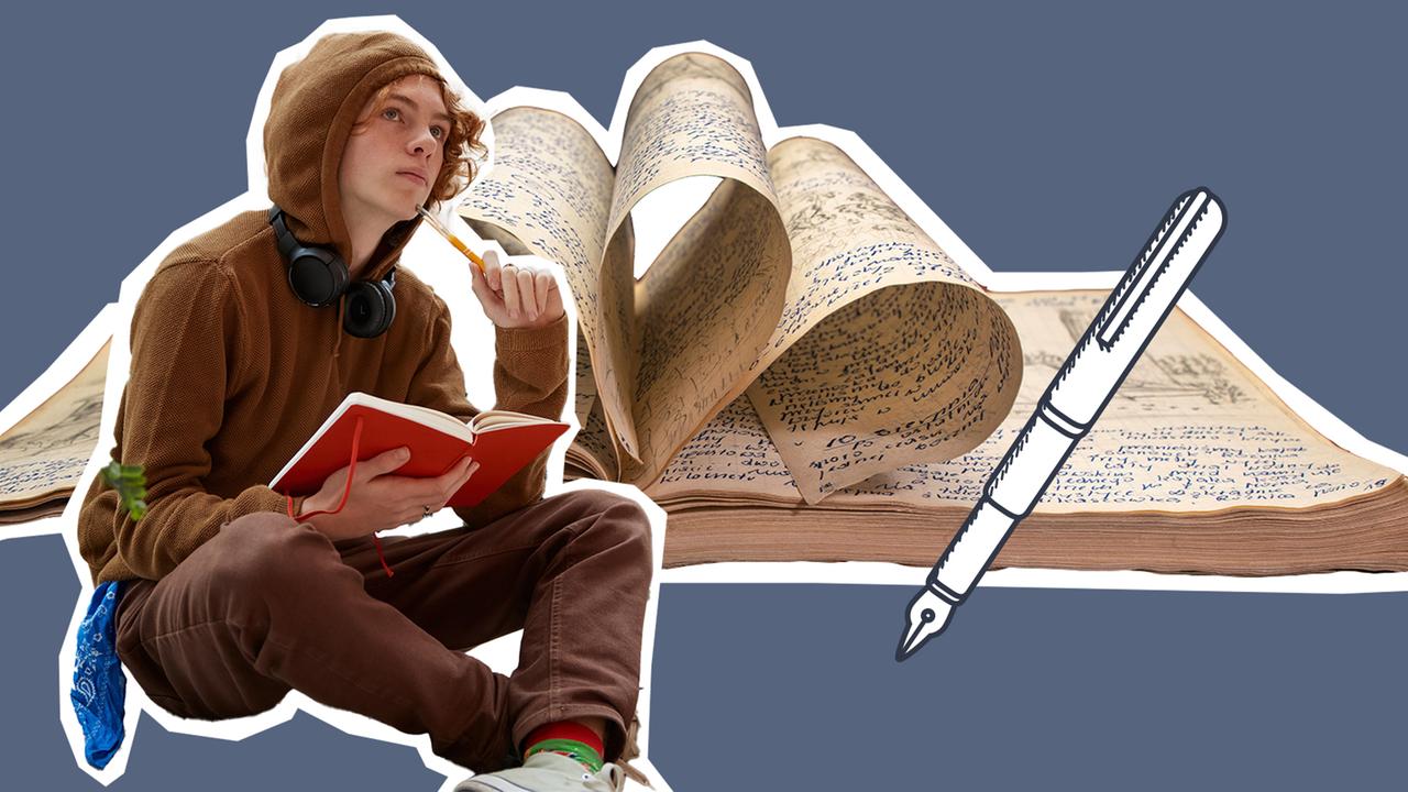 Ein Junge, der Tagebuch schreibt, dahinter ein handschriftliches Buch und eine Grafik von einem Füller.