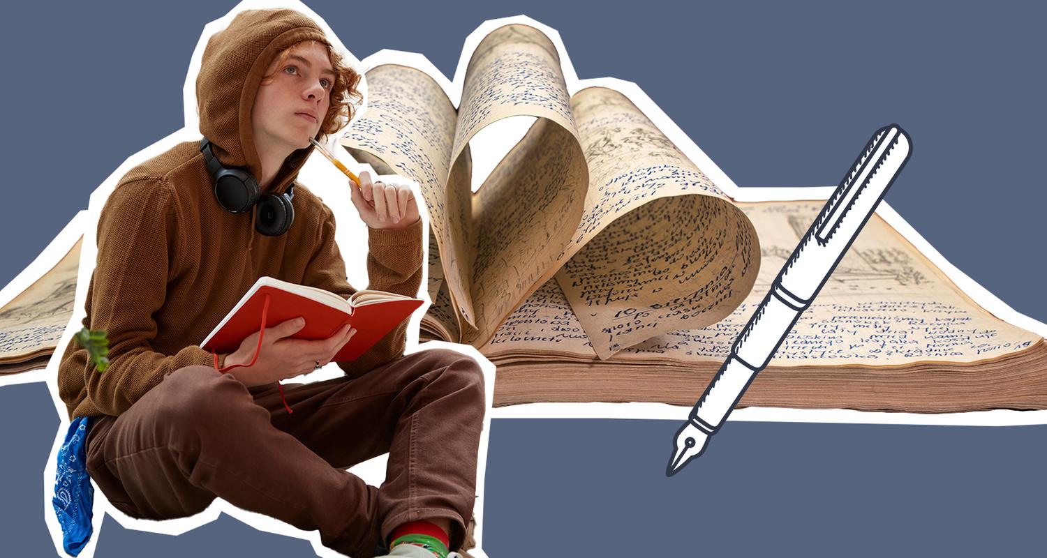 Ein Junge, der Tagebuch schreibt, dahinter ein handschriftliches Buch und eine Grafik von einem Füller.
