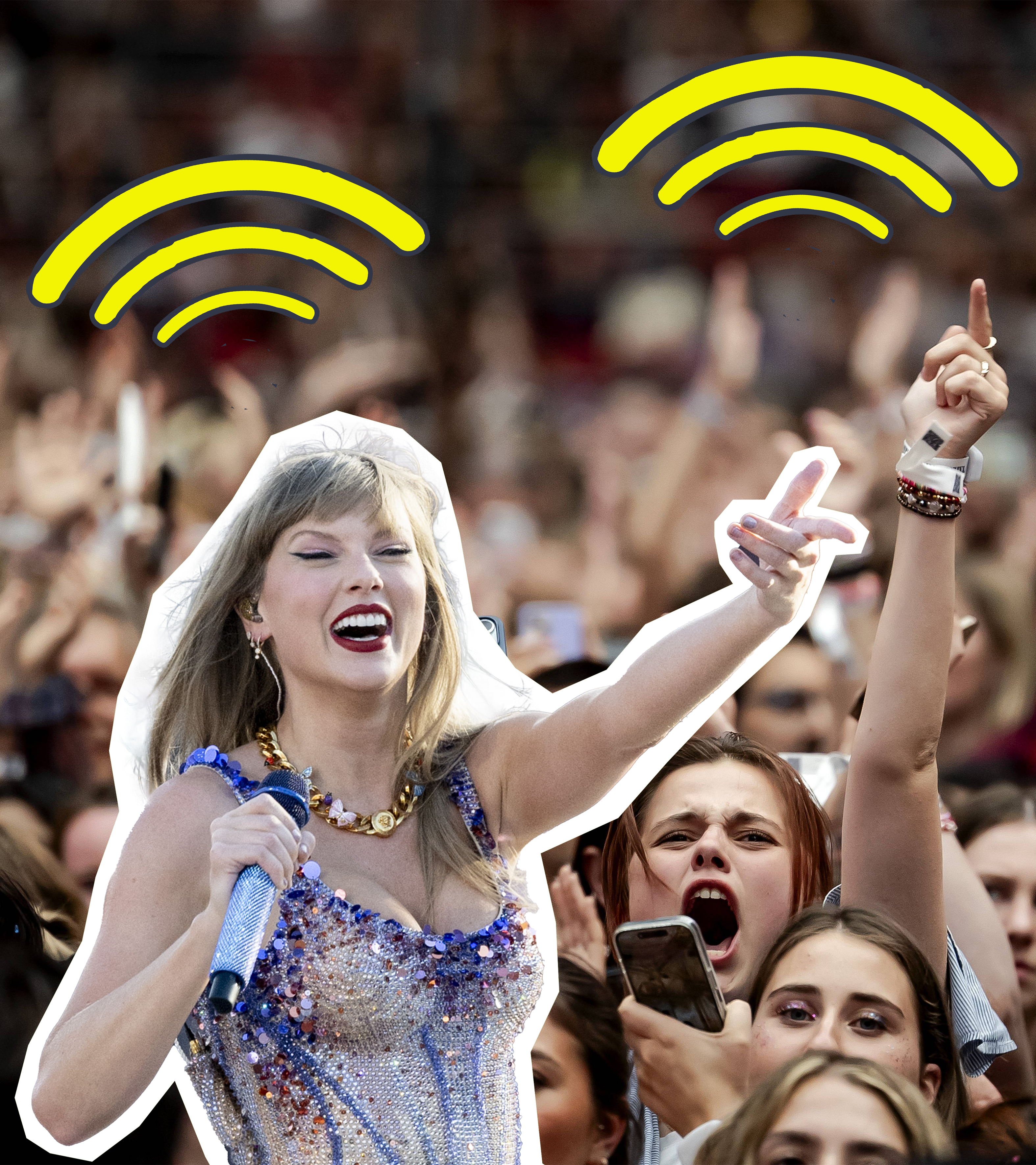 Taylor Swift ausgeschnitten vor Fans und grafisches Zeichen für Beben