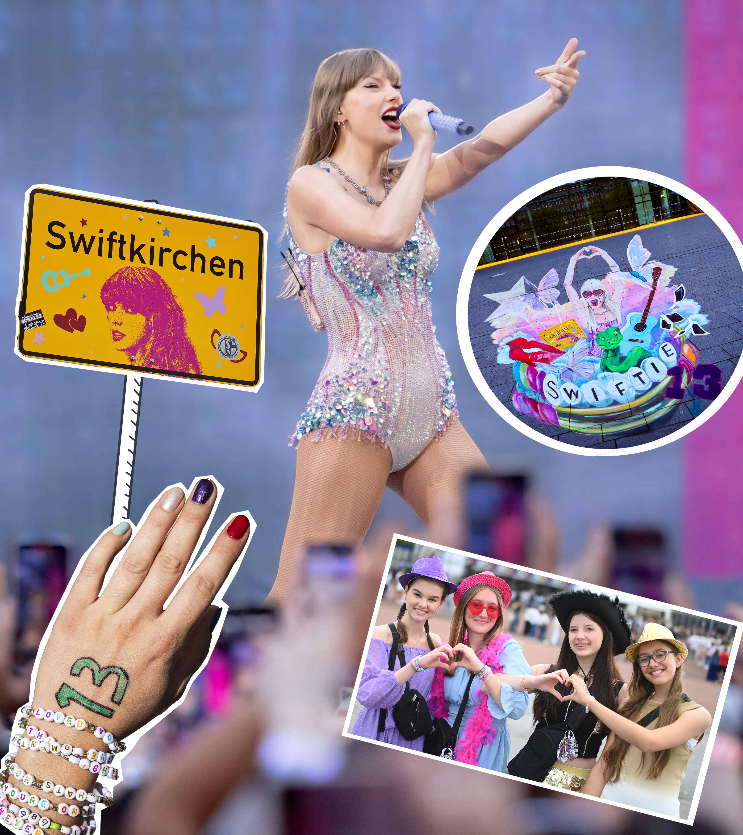 Taylor Swift beim Konzert, dazu Swiftkirchen-Schild, Swifties, Fan-Kunstwerk und Freundschaftsarmbänder