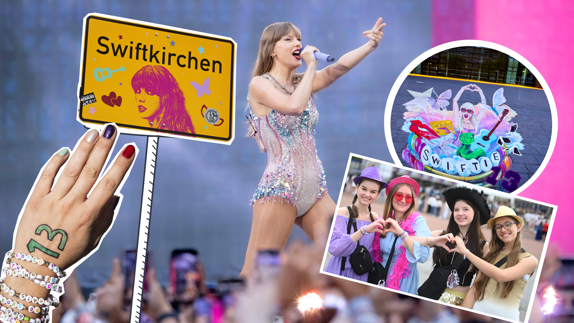Taylor Swift beim Konzert, dazu Swiftkirchen-Schild, Swifties, Fan-Kunstwerk und Freundschaftsarmbänder
