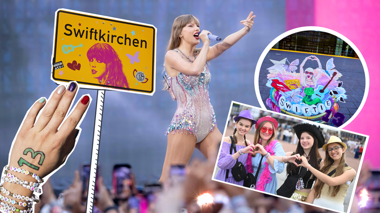 Taylor Swift beim Konzert, dazu Swiftkirchen-Schild, Swifties, Fan-Kunstwerk und Freundschaftsarmbänder