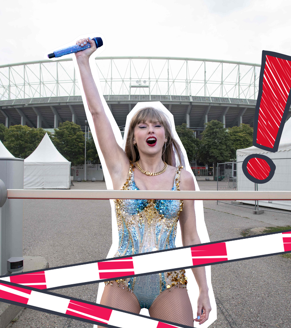 Taylor Swift Cutout vor Wien Stadion mit Absperrband