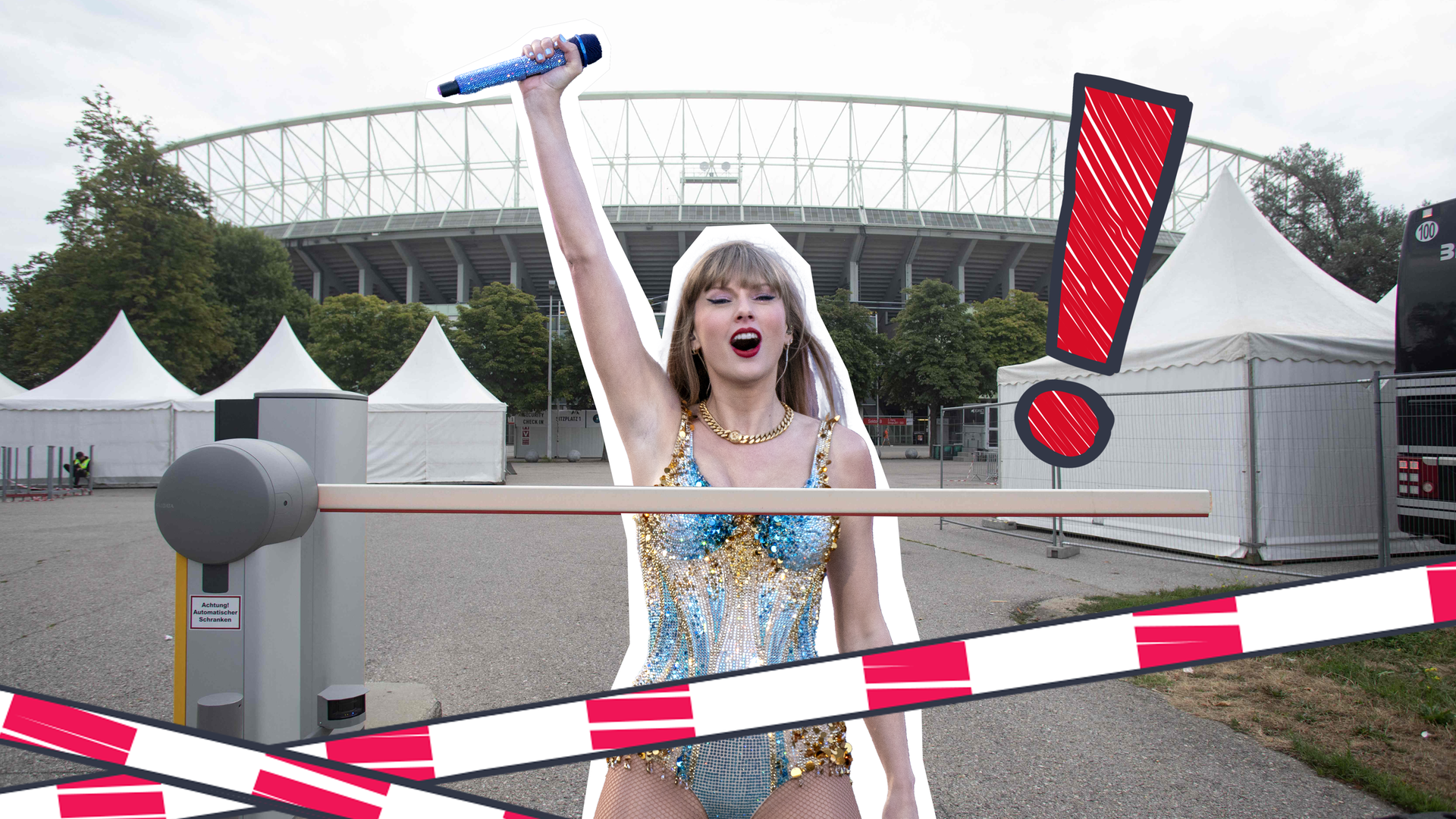 Taylor Swift Cutout vor Wien Stadion mit Absperrband