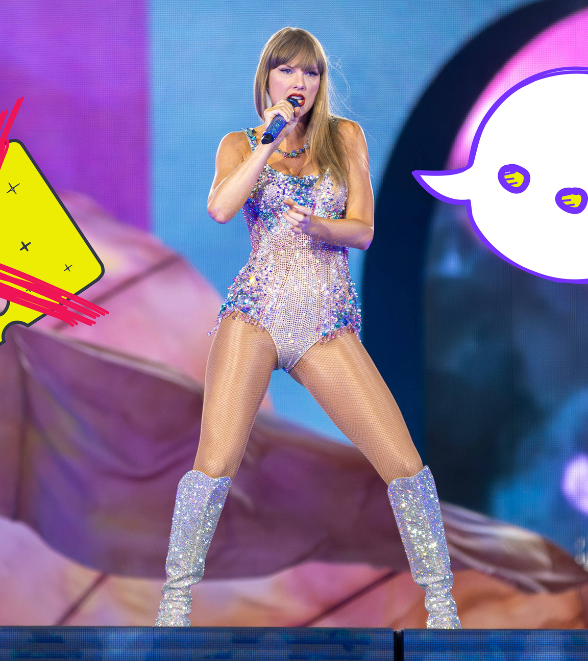 Taylor Swift auf pink-blauer Bühne mit grafischer Sprechblase und Wien-Konzertticket.