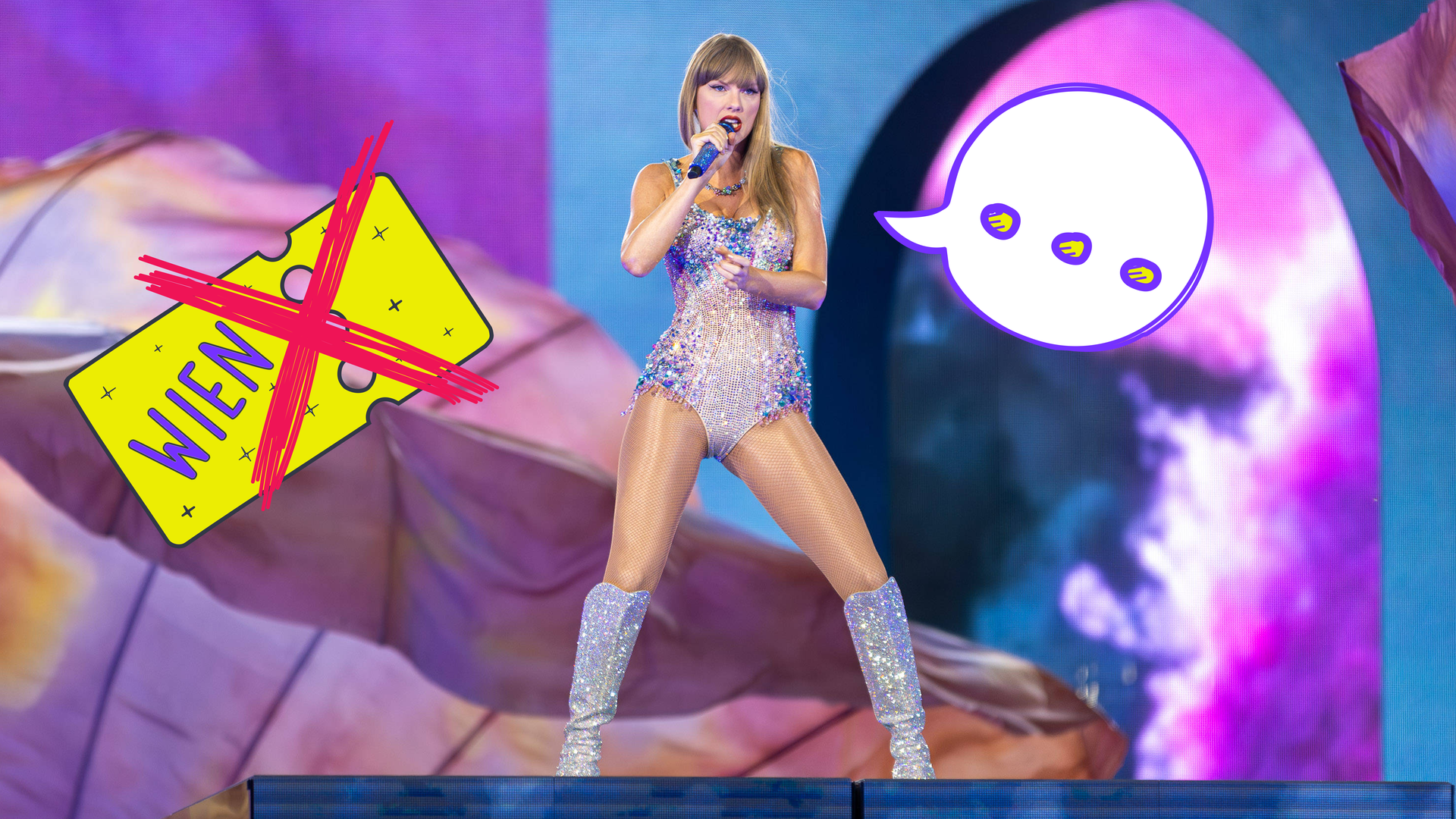 Taylor Swift auf pink-blauer Bühne mit grafischer Sprechblase und Wien-Konzertticket.